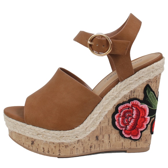 Shoes - Tan Open Toe Patch Espadrille Cork Wedge Teagan